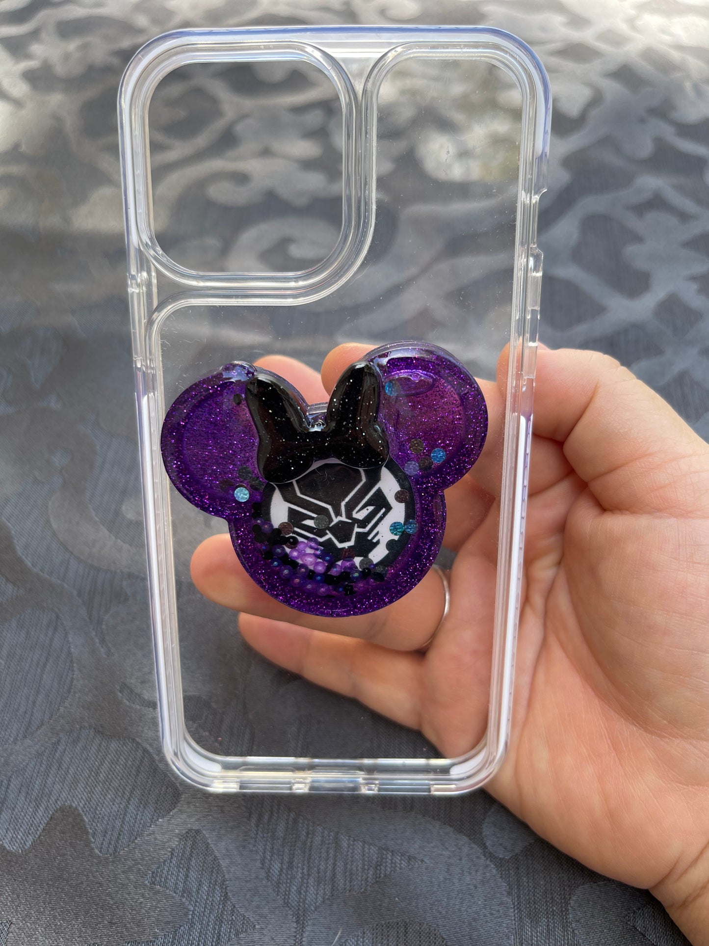 Black Panther Mouse w/bow Shaker Phone Grip-Purple