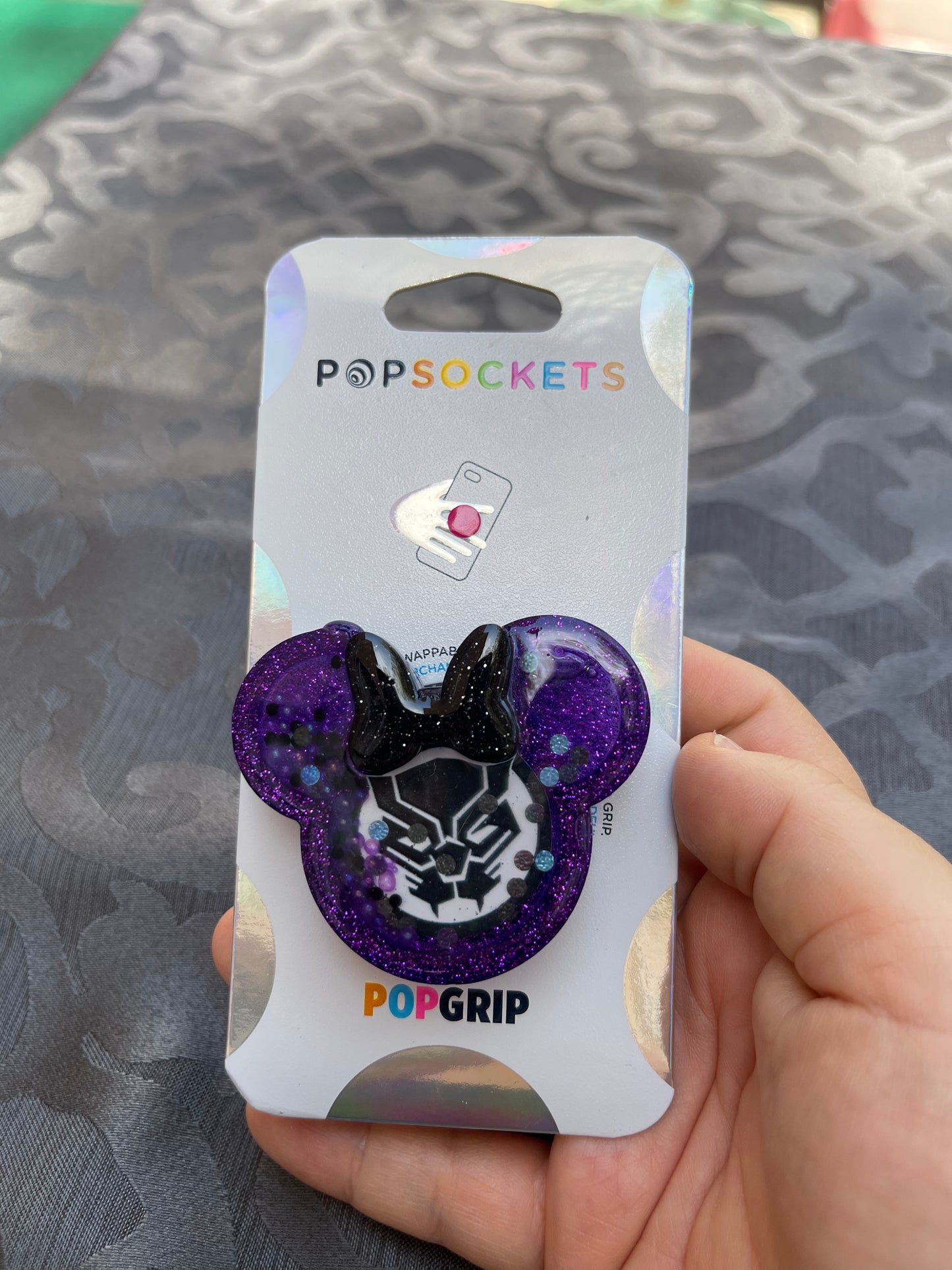 Black Panther Mouse w/bow Shaker Phone Grip-Purple